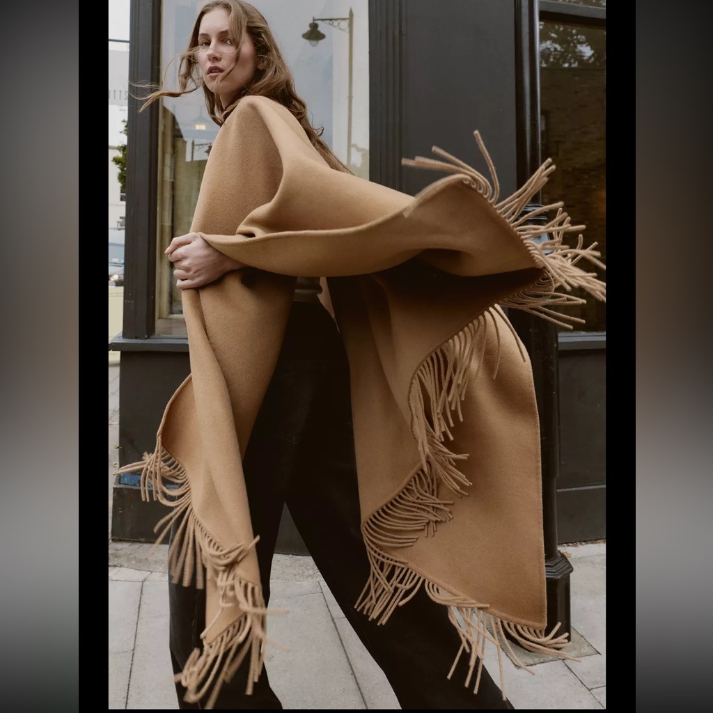 Zara Wool Fringed Cape, Mid Camel